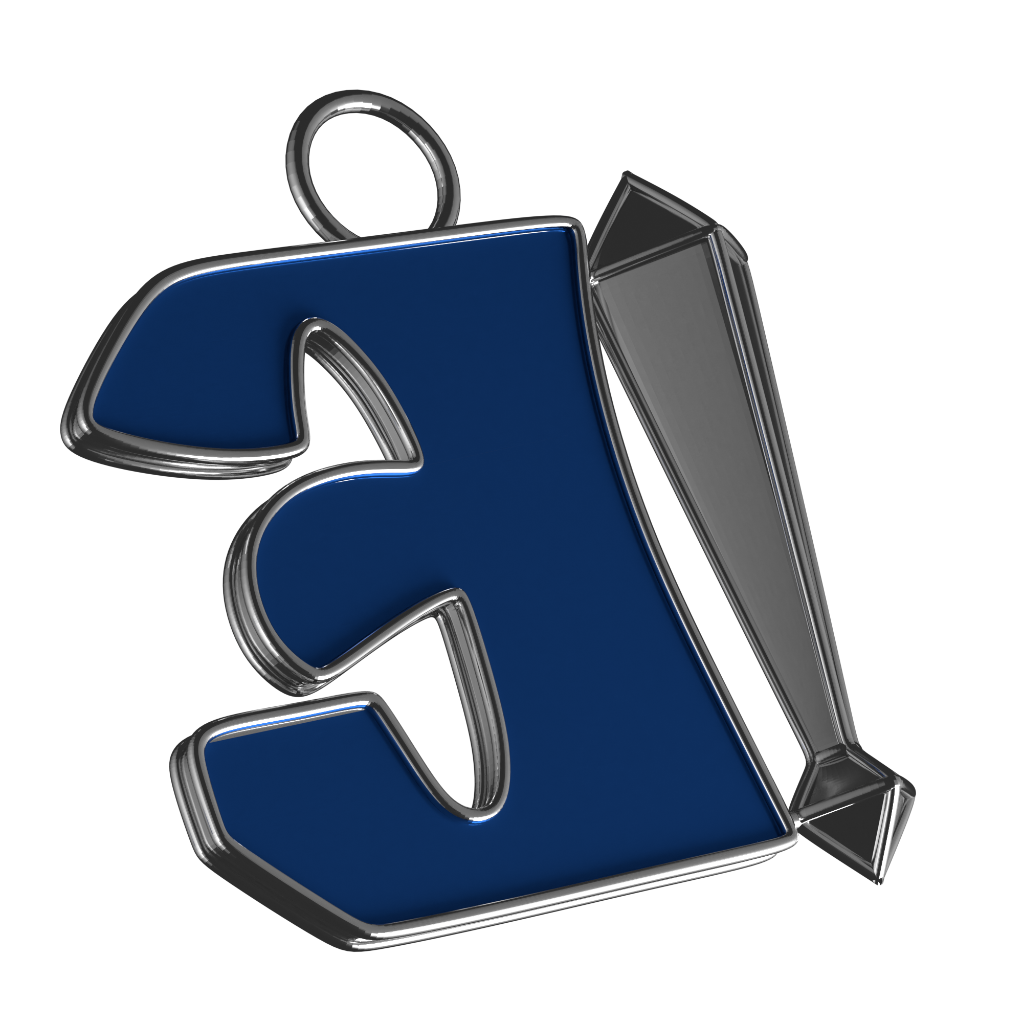 Immagine in basso a sinistra del portachiavi Singolar Key. Il portachiavi rappresenta una E al contrario smaltata di blu con un punto esclamativo affianco placcato d'argento.